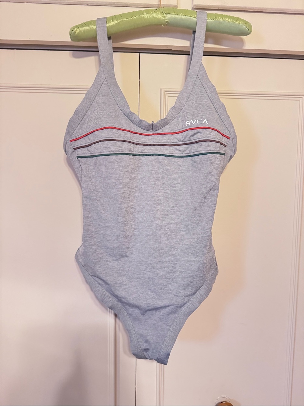 RVCA Retro Light Gray One-Piece Swimsuit with Accent Stripes